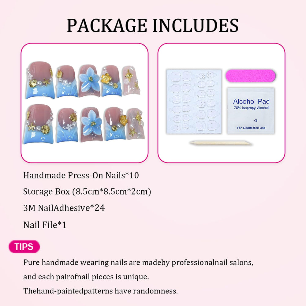 Flower Press on Nails with starfish detail adds coastal charm