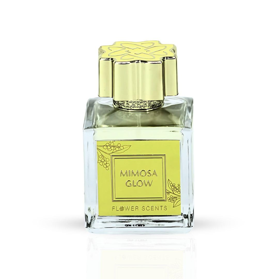 Flower Scents Mimosa Glow bottle closeup cap highlights premium packaging and top notes.