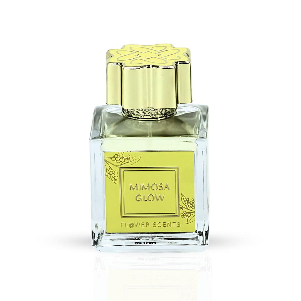 Flower Scents Mimosa Glow bottle closeup cap highlights premium packaging and top notes.