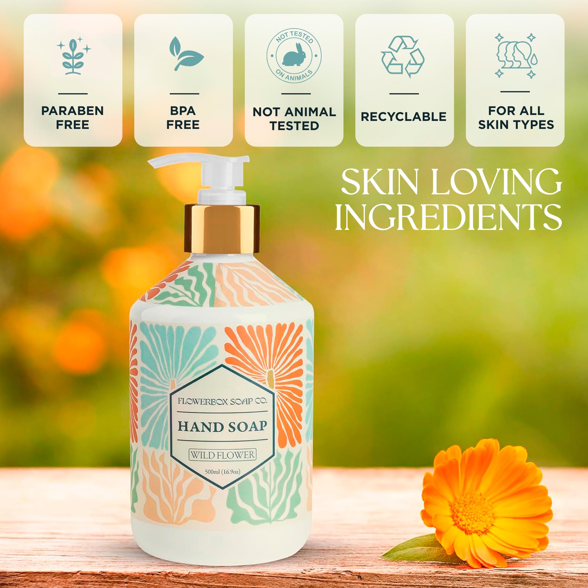 FlowerBox 500 mL hand soap bottles with gold pumps and leak free design close up