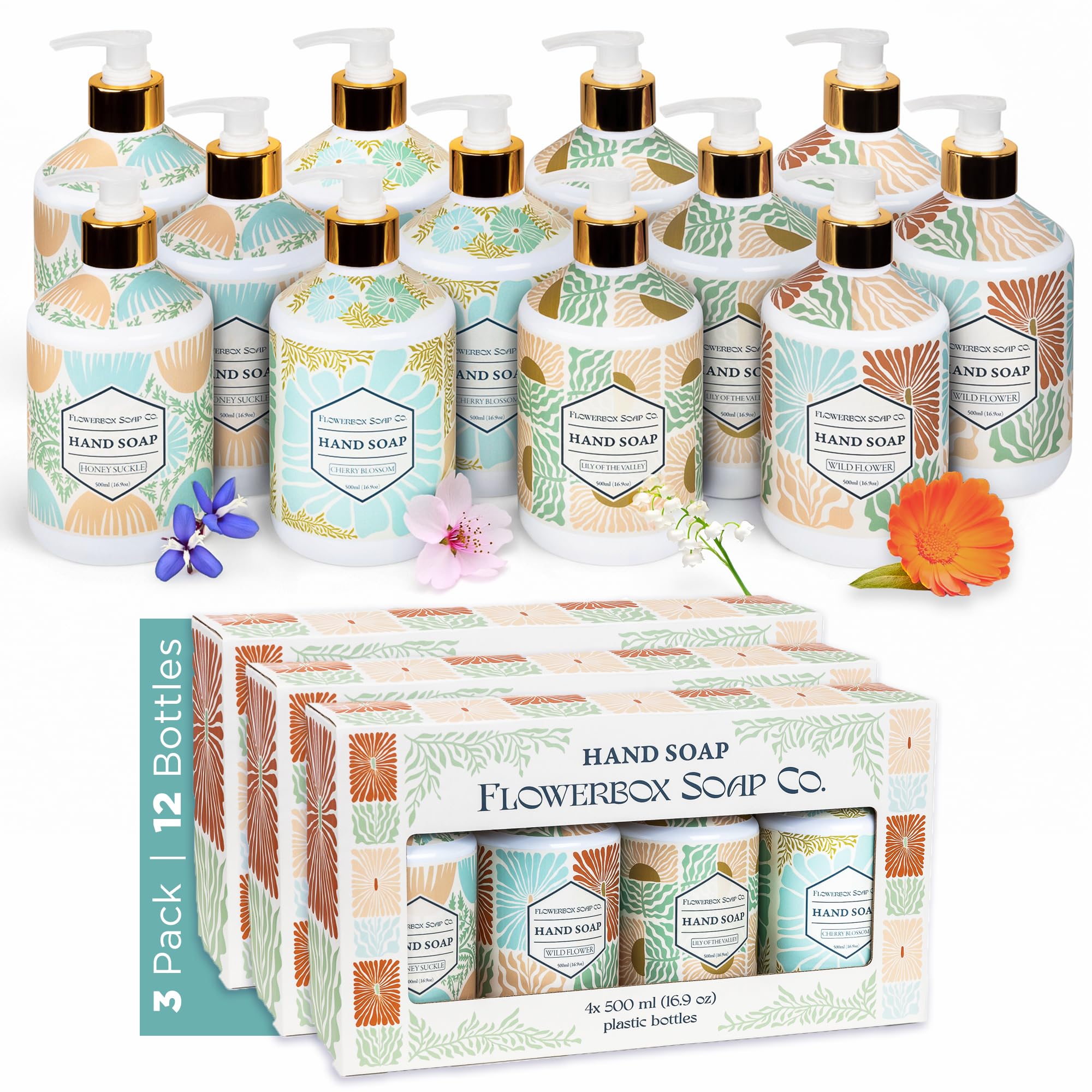 FlowerBox liquid hand soap bottles on display with decorative boho floral design for bathroom or kitchen