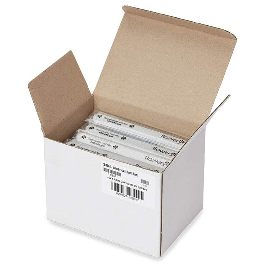 Flowery disposable nail file, individually wrapped for hygienic single-use.