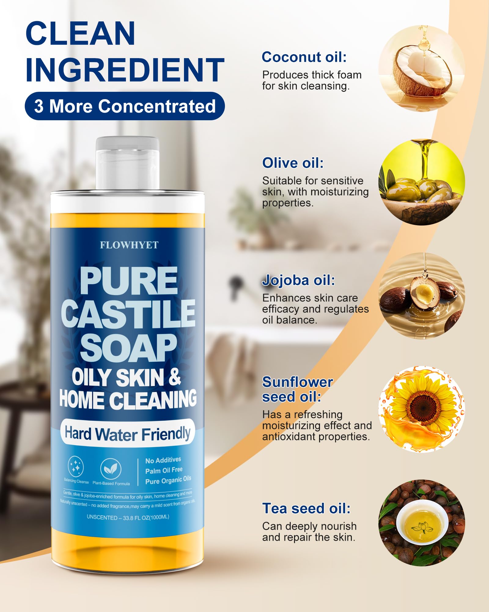 FLOWHYET Castile Soap pouring with water demonstrates dilution-ready cleansing.