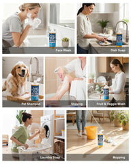 FLOWHYET Castile Soap multi-use setup for body, face, and cleaning.