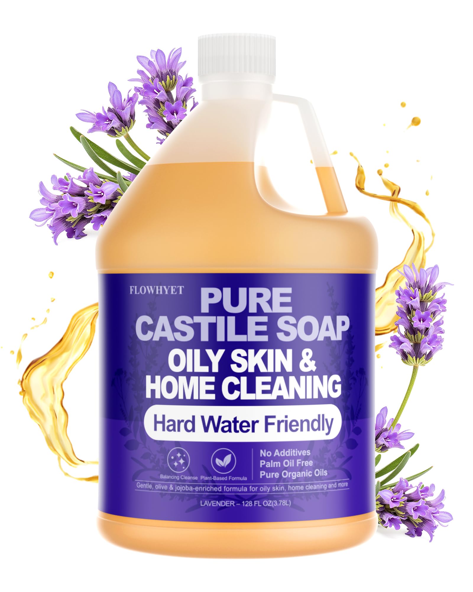 FLOWHYET Lavender Castile hand soap bottle with floral scent for gentle cleansing.