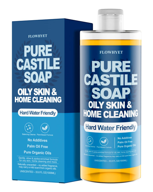 FLOWHYET Pure Castile Soap bottle for body wash and gentle cleansing.