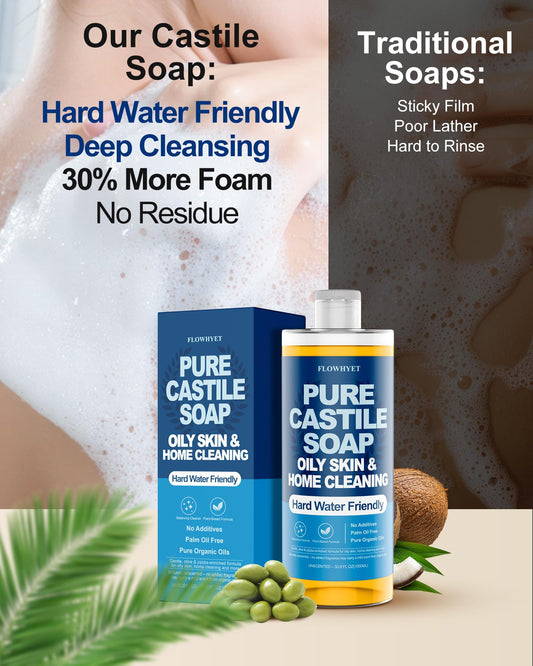 FLOWHYET Castile Soap lather close-up showing rich, creamy foam.