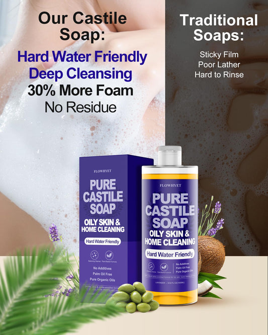 FLOWHYET lavender castile soap lather demonstrates rich, gentle cleansing for daily use.