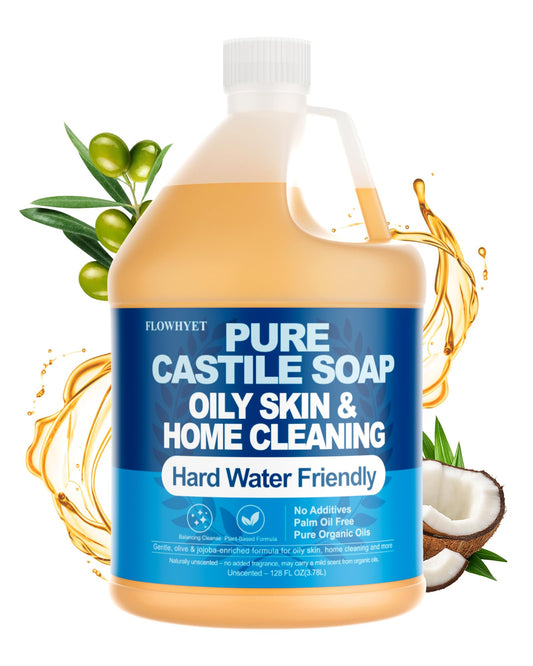 Flowhyet Pure Castile Soap bottle pour showing versatile cleansing for body and home