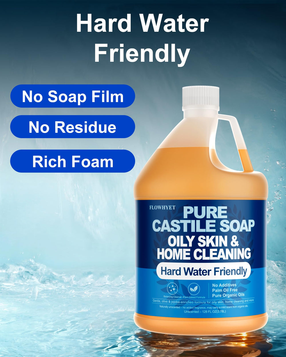 FLOWHYET unscented castile soap foam closeup showing rich lather for hands and body