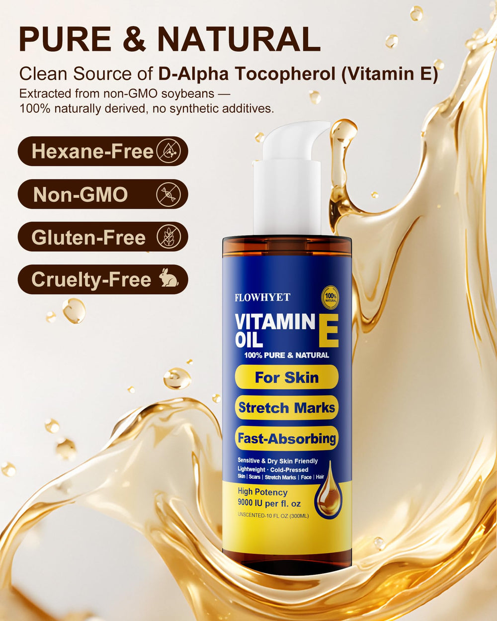FLOWHYET vitamin E oil body moisturizer image for daily hydration.