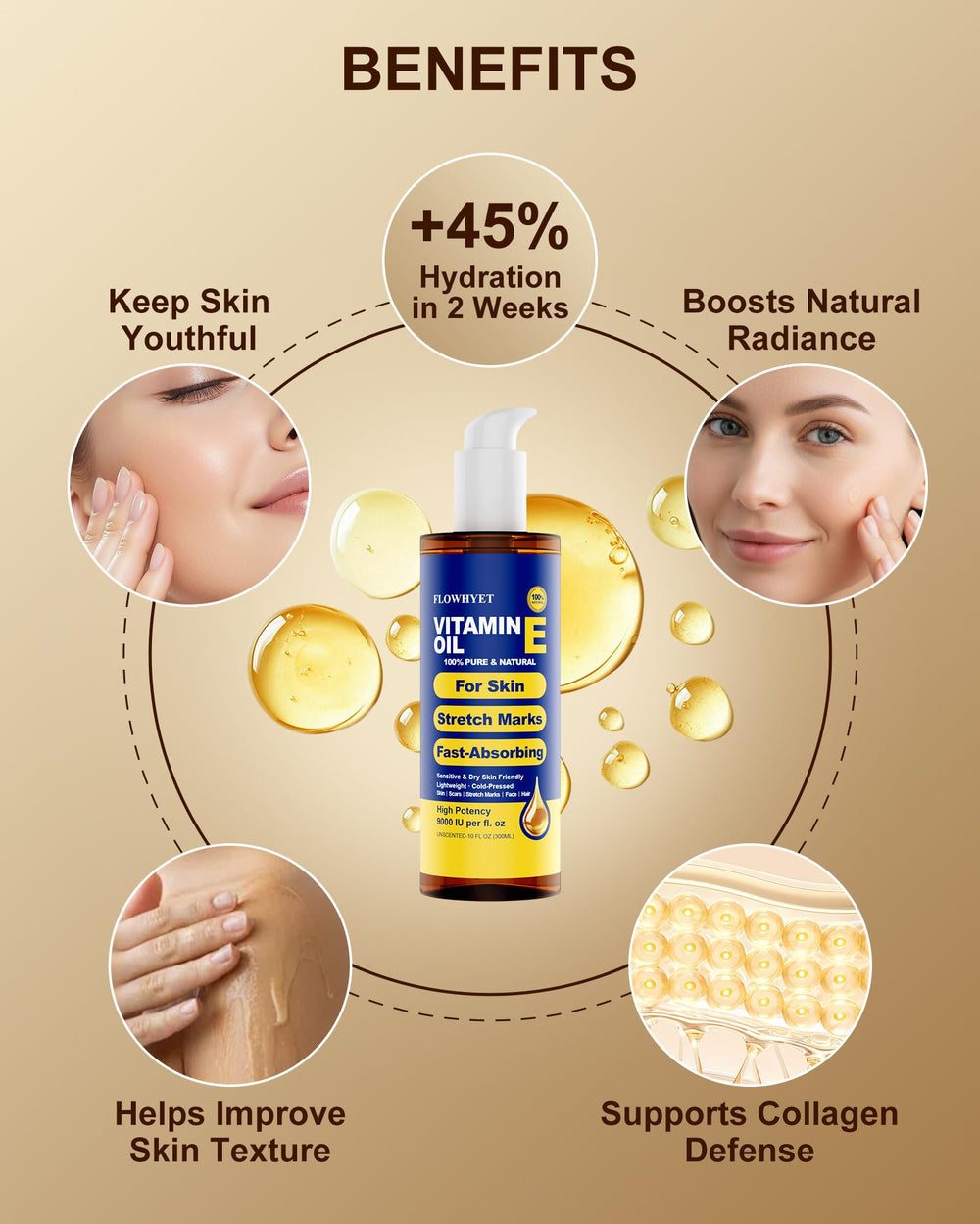 FLOWHYET vitamin E oil dry hair ends care image promoting moisture.