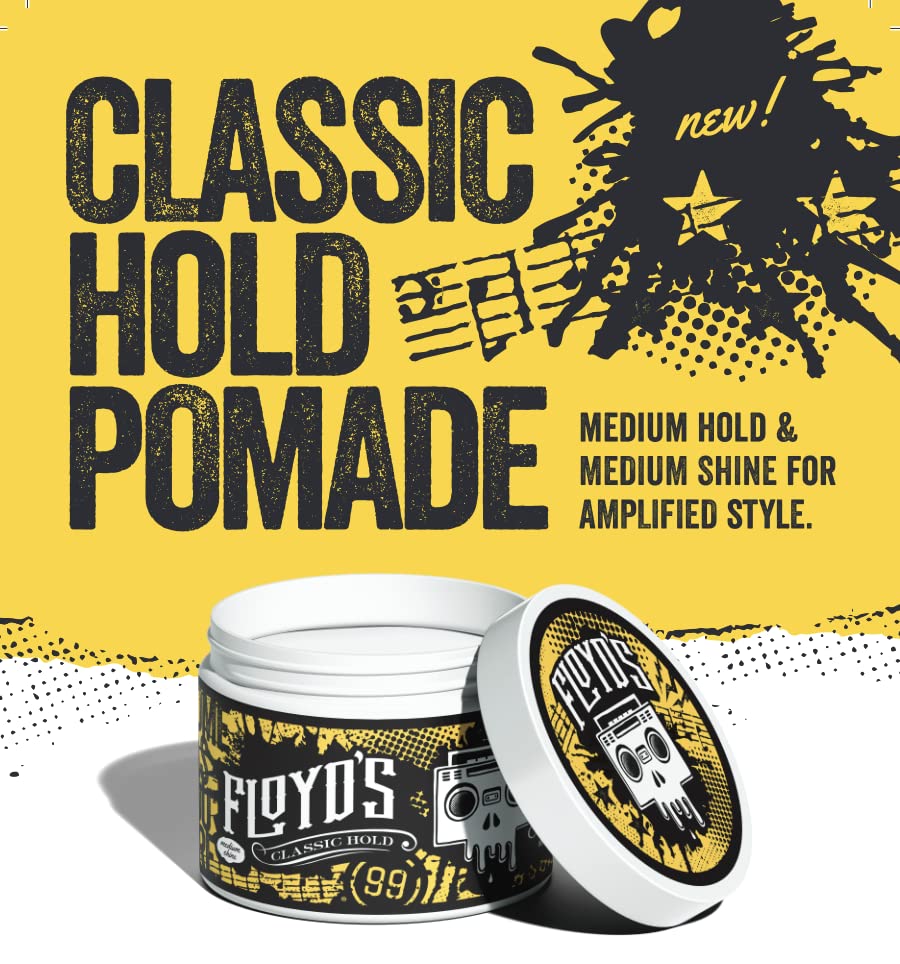 Floyd's 99 pomade jar highlights medium hold and medium shine finish.