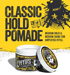 Floyd's 99 pomade jar highlights medium hold and medium shine finish.