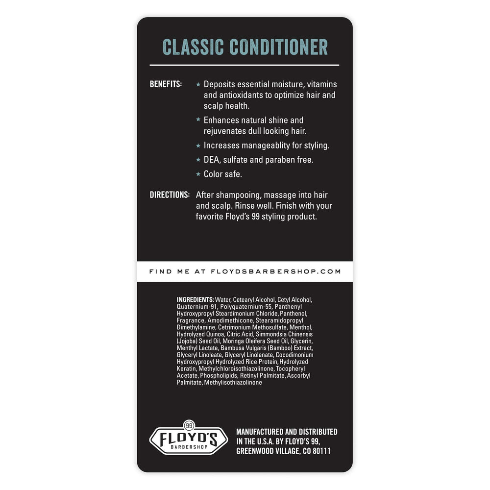 Floyd's 99 Classic Conditioner bottle closeup showing deep conditioning and smoothness.