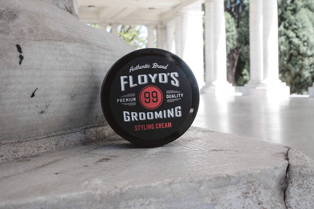 Floyd's 99 Grooming Styling Cream packaging shown as compact, travel-friendly