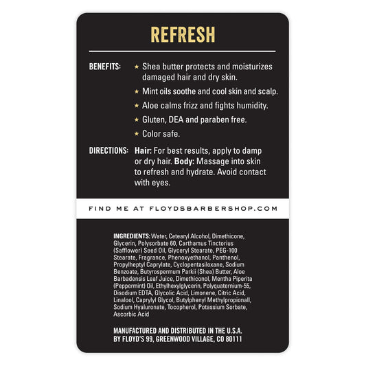 Floyd's 99 Refresh conditioner texture shows mint cooling for scalp comfort.