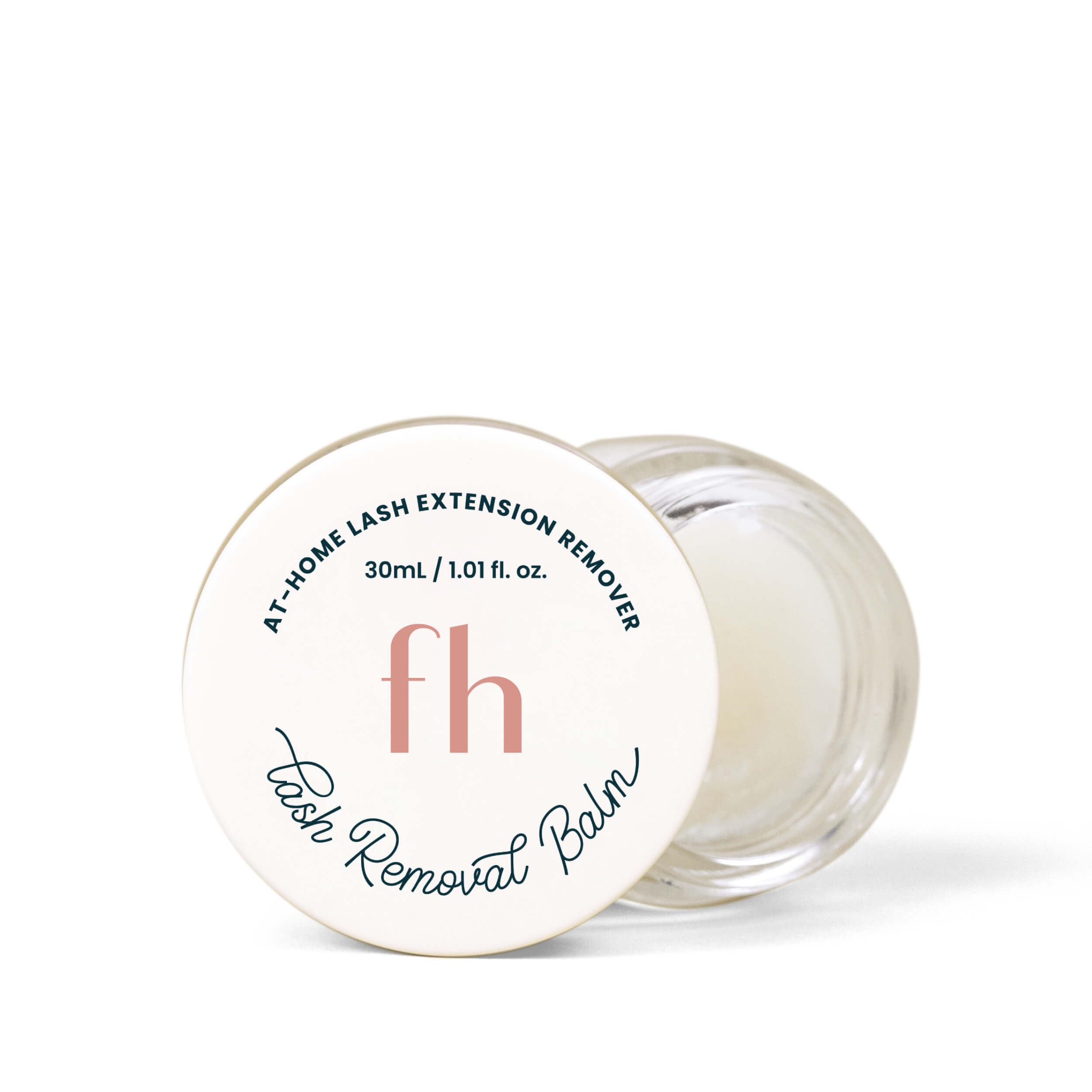 FlutterHabit lash removal balm jar shows creamy formula for gentle lash care.