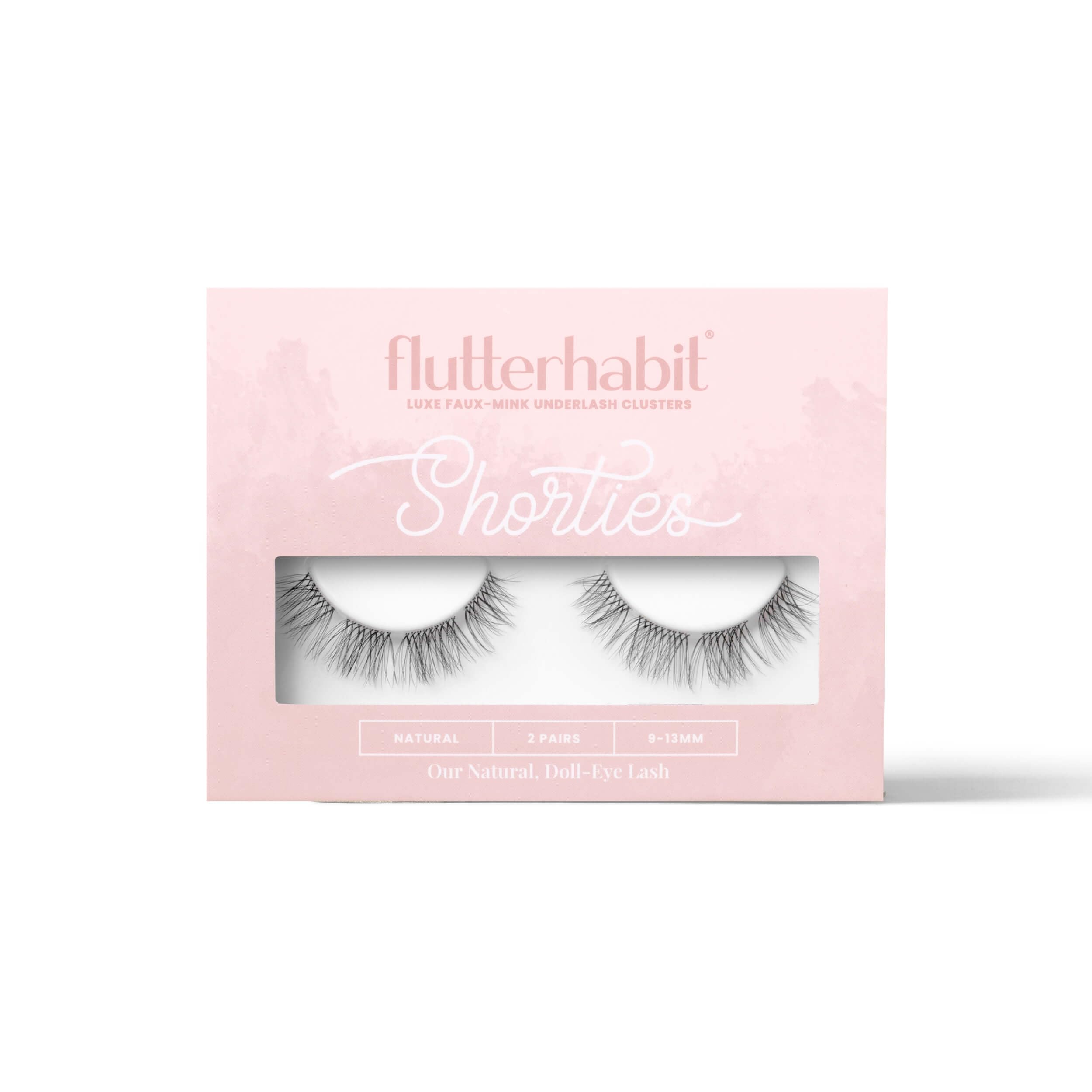 FlutterHabit Shorties lashes box closed, ready for at home try-on.