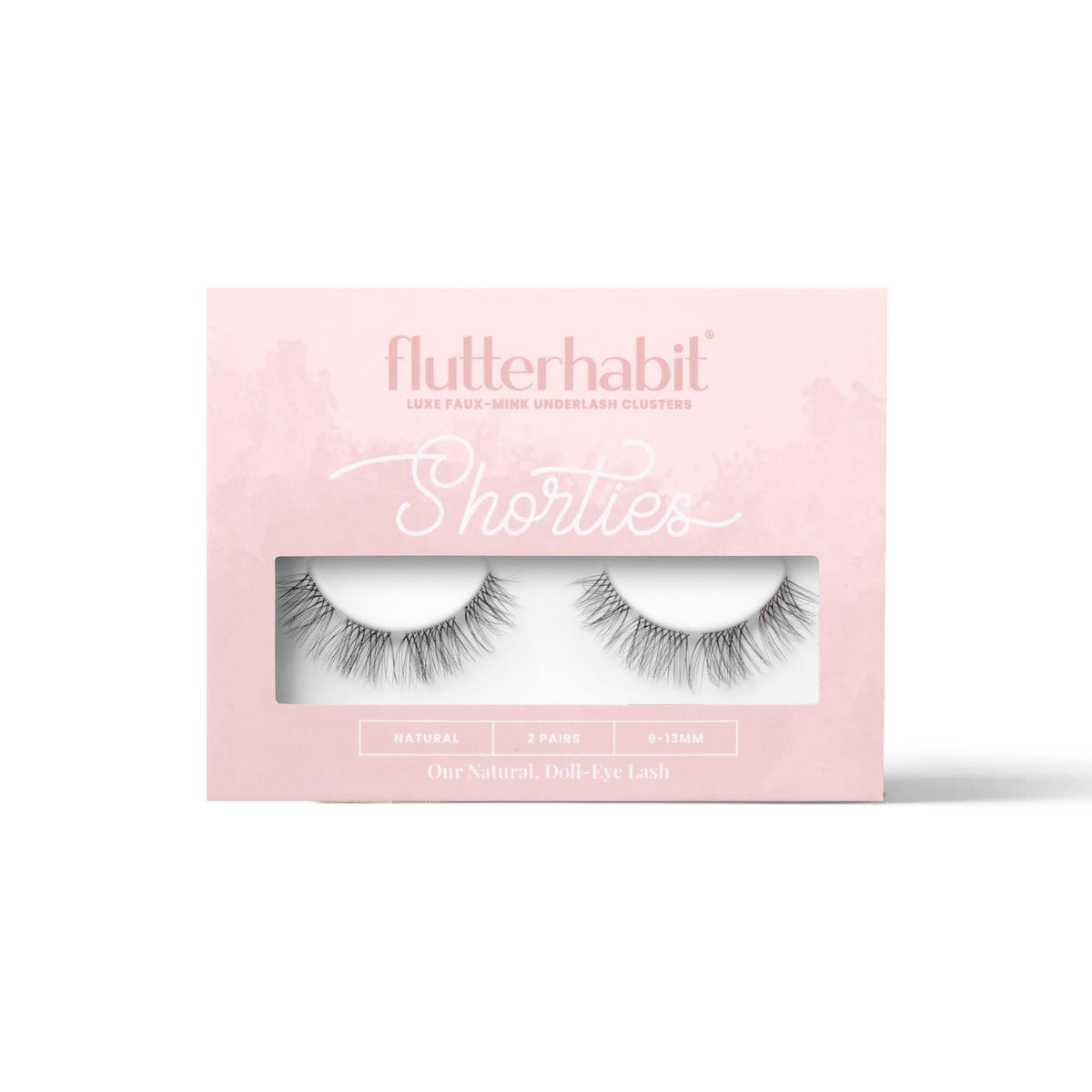 FlutterHabit Shorties lashes box closed, ready for at home try-on.