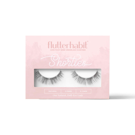 FlutterHabit Shorties lashes box closed, ready for at home try-on.