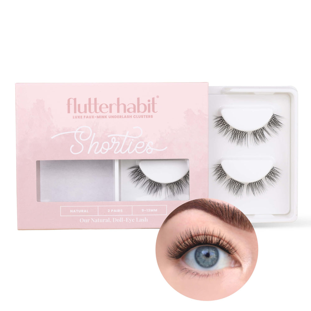 FlutterHabit Shorties lashes box open displaying two lash sets for trial.