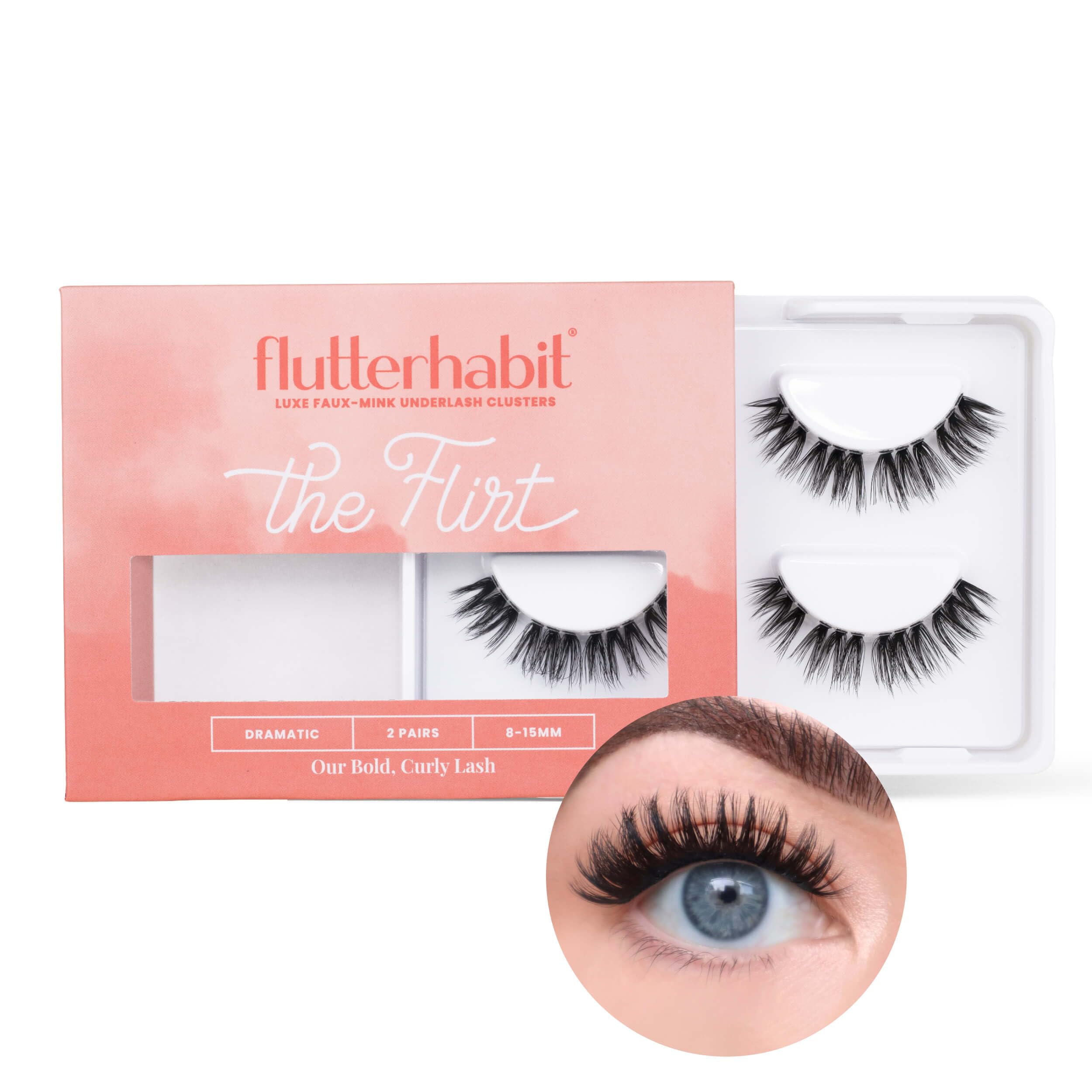 FlutterHabit The Flirt lashes cluster design close-up shows quick, natural-looking pre-clustered lashes.