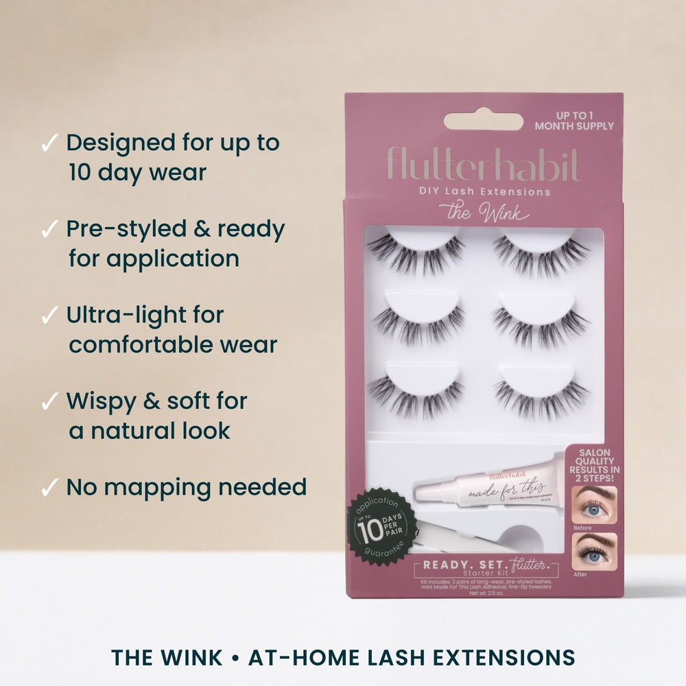 FlutterHabit Wink applicator and tools enabling precise at-home lash application.