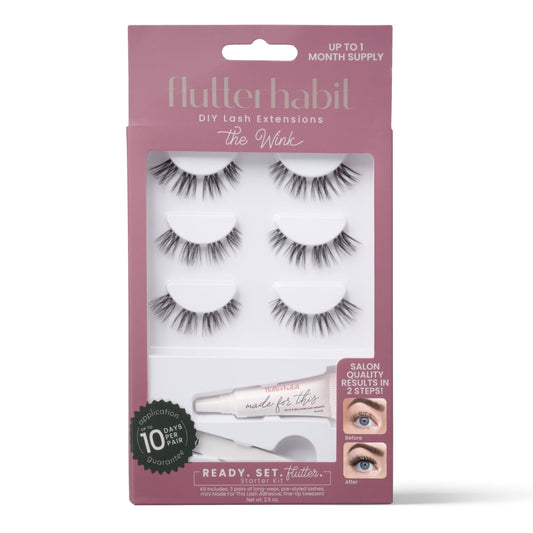 FlutterHabit Wink Starter Kit packaging showing contents for at-home lash extensions.