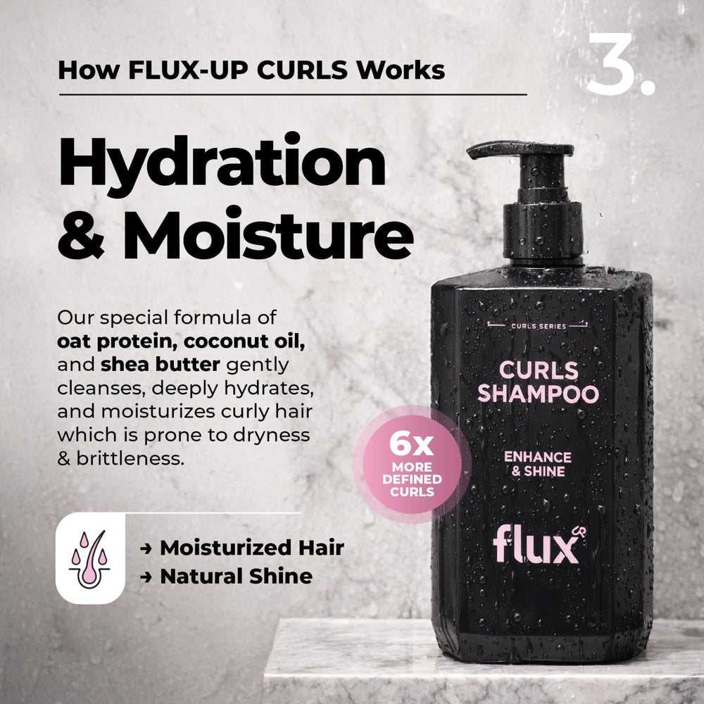 Flux Up Curly Conditioner close-up showing curl elasticity and healthy shine