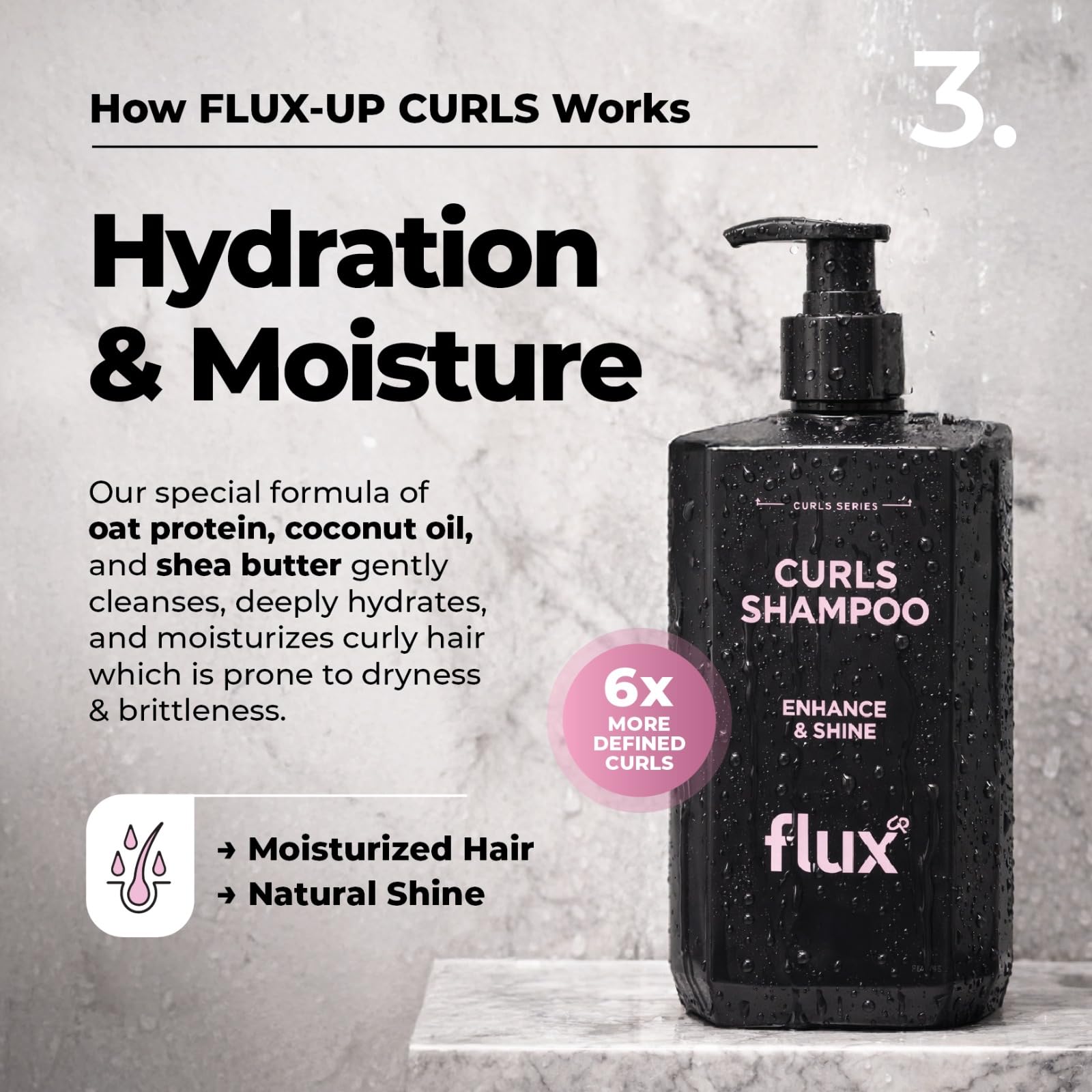 Flux Up Curly Hair Shampoo application hands demonstrates easy daily use for defined curls.