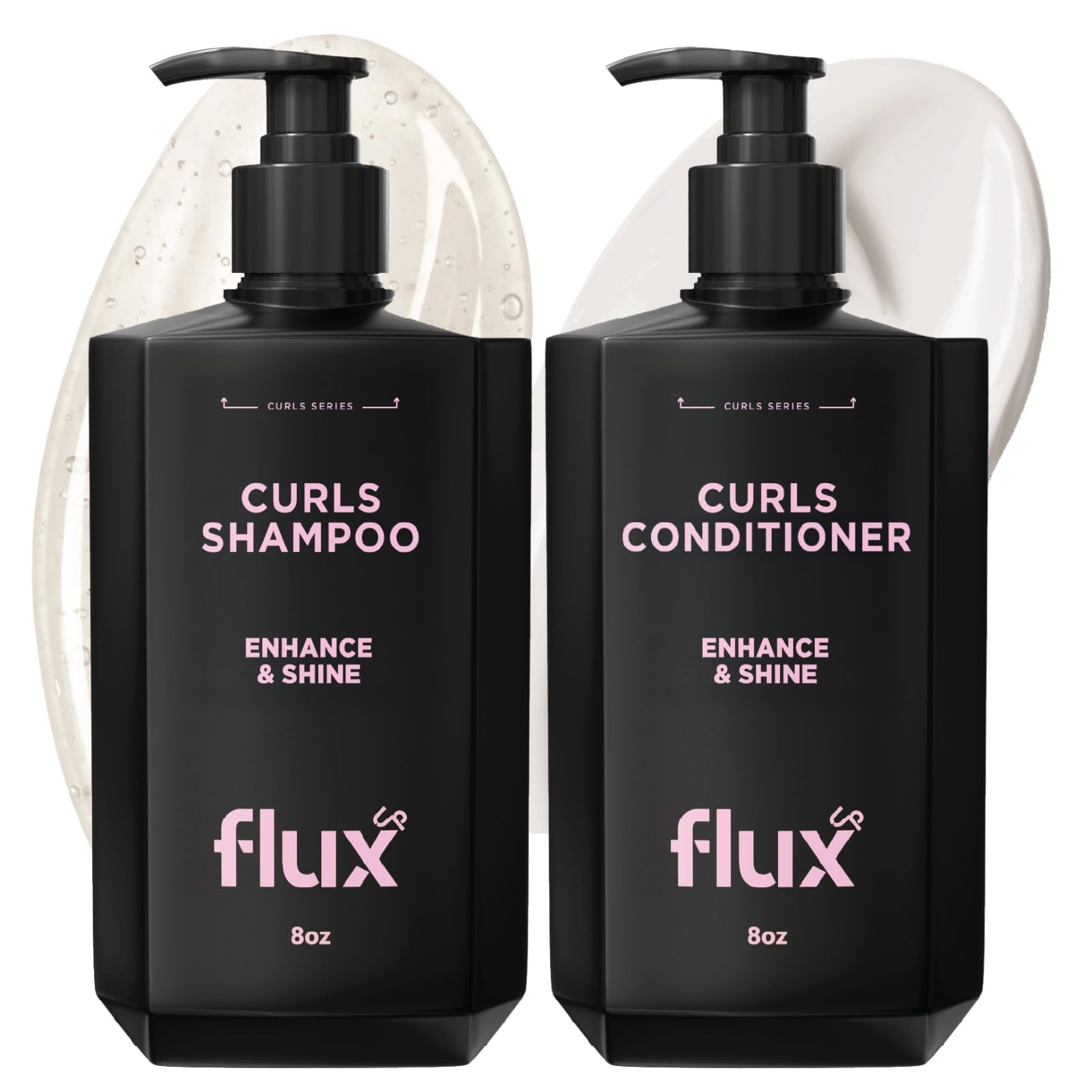 Flux Up Curly Shampoo bottle close-up shows hydration for defined curls