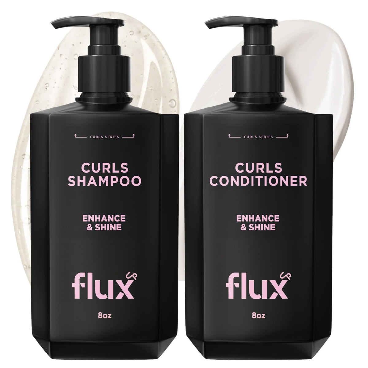 Flux Up Curly Shampoo bottle close-up shows hydration for defined curls