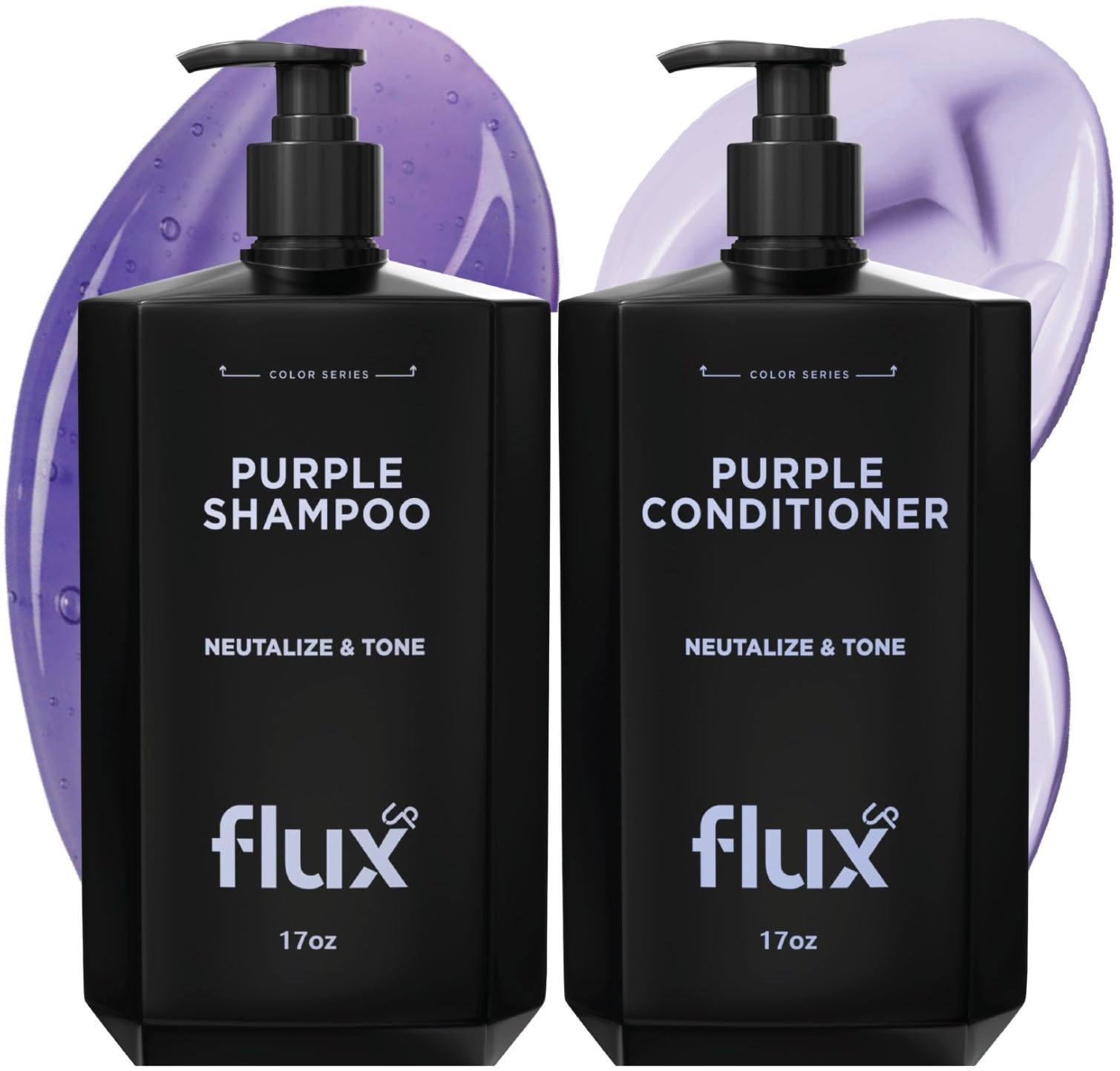Flux Up purple shampoo bottle shown for brass-neutralizing results on blonde and silver hair.