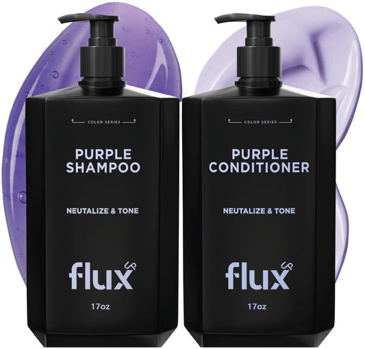 Flux Up purple shampoo bottle shown for brass-neutralizing results on blonde and silver hair.