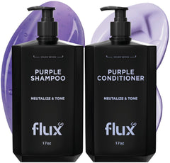 Flux Up purple shampoo bottle shown for brass-neutralizing results on blonde and silver hair.