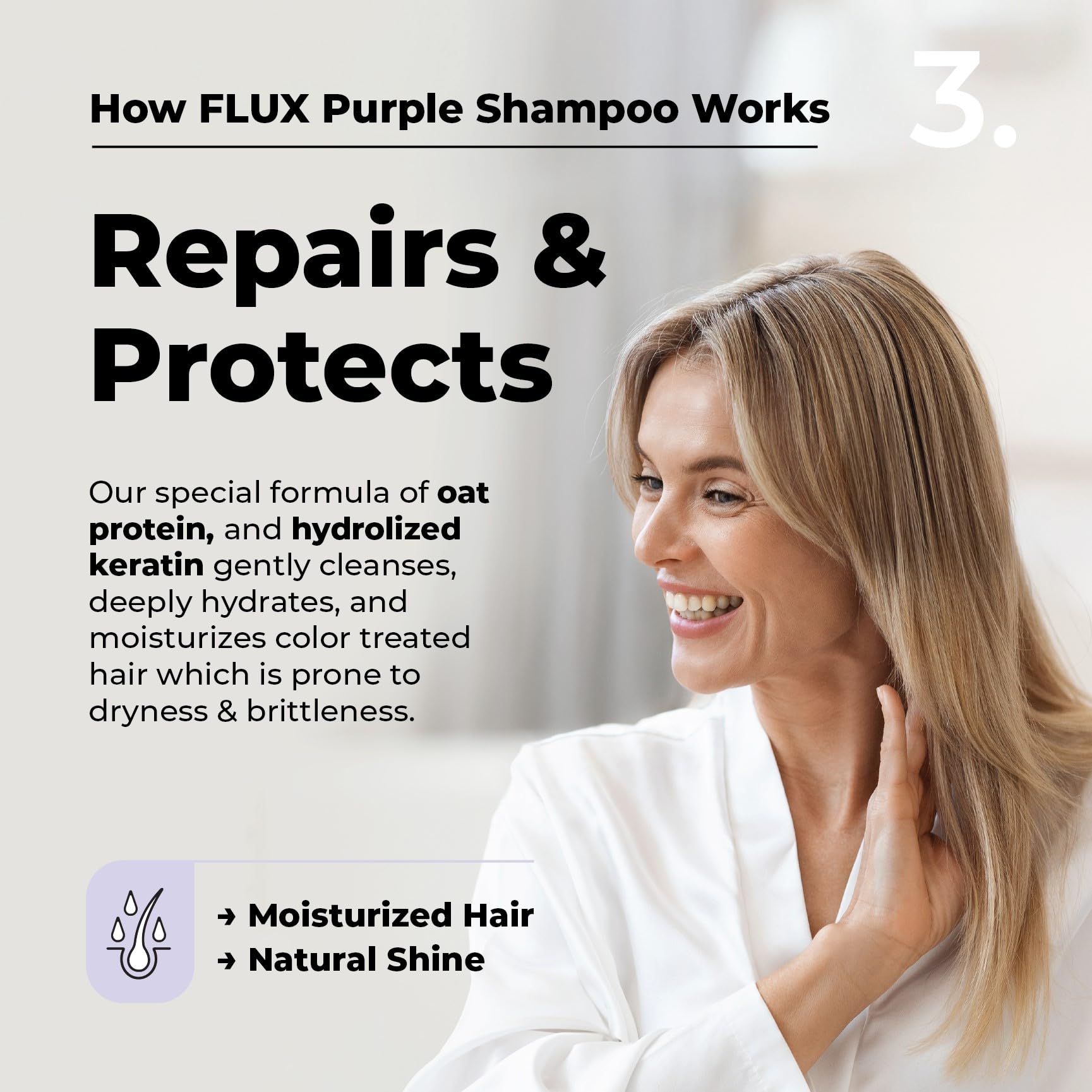 Flux Up Purple Shampoo with hydrolyzed keratin for smoother, more resilient strands