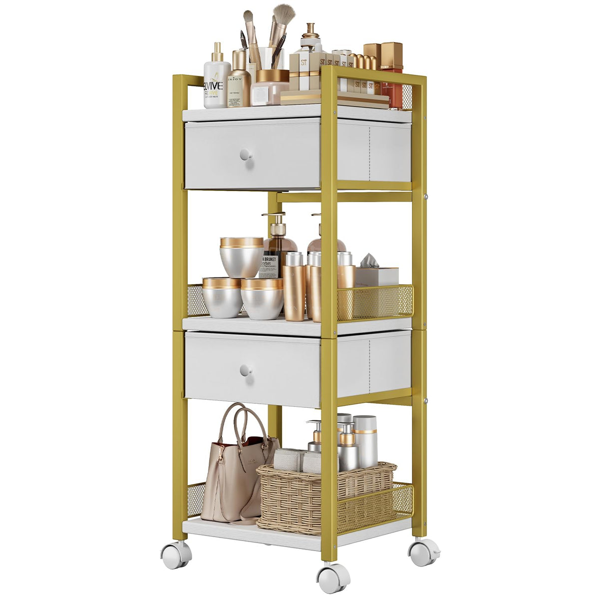 Flycity makeup cart front view with gold finish and roomy drawers for quick access.