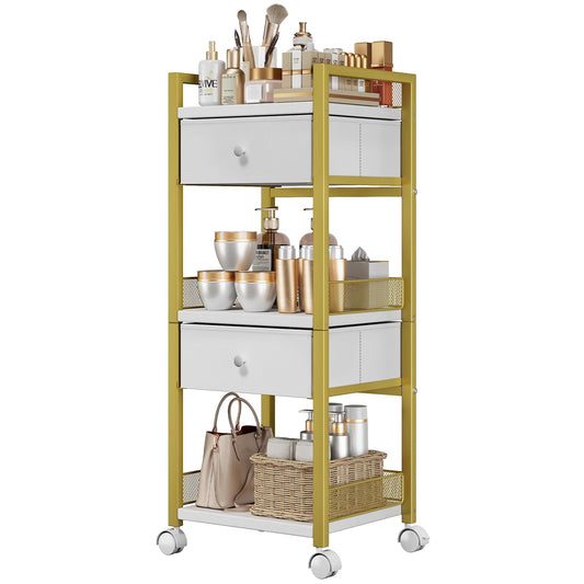 Flycity makeup cart front view with gold finish and roomy drawers for quick access.