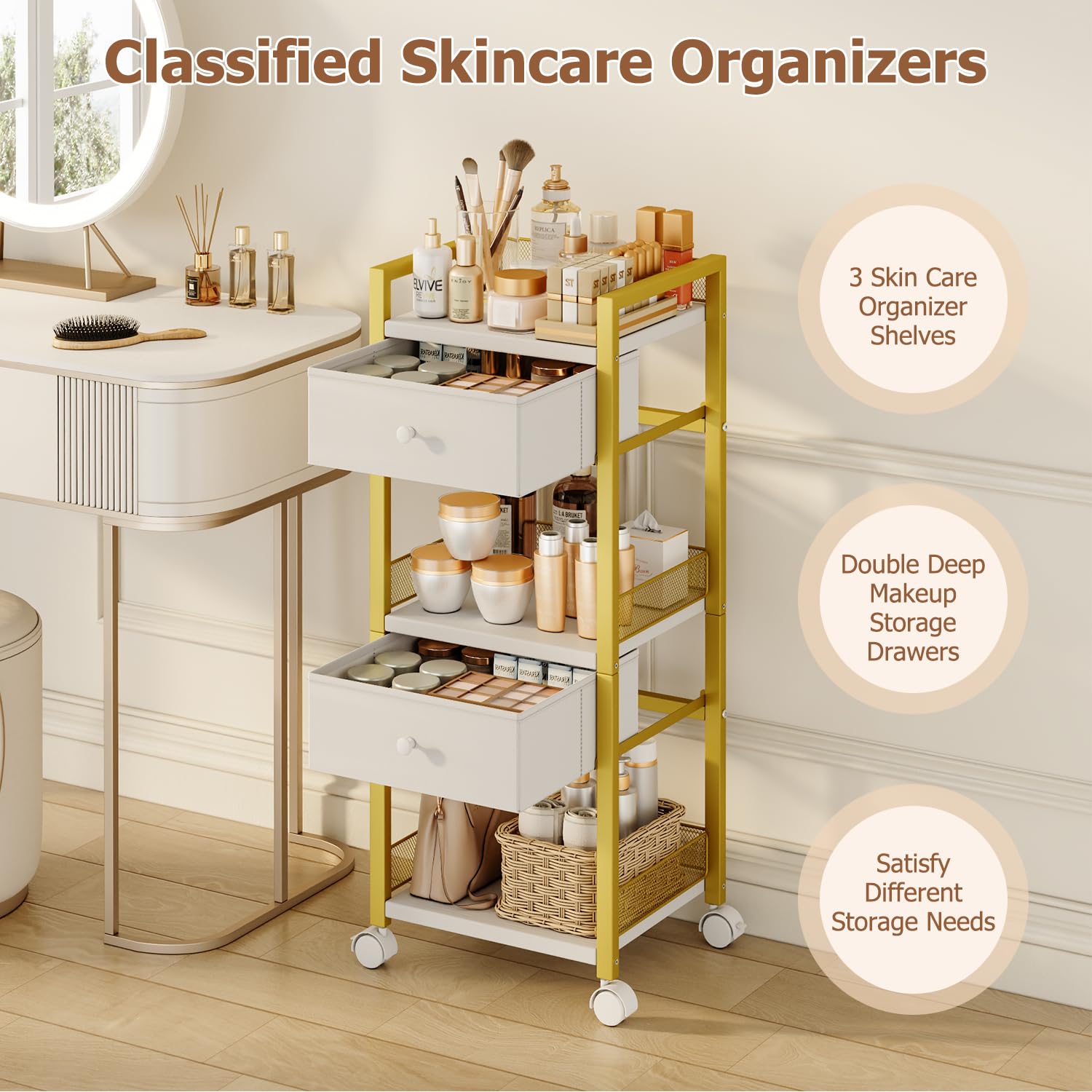 Flycity skincare bottles on shelves illustrate organized display and easy reach.