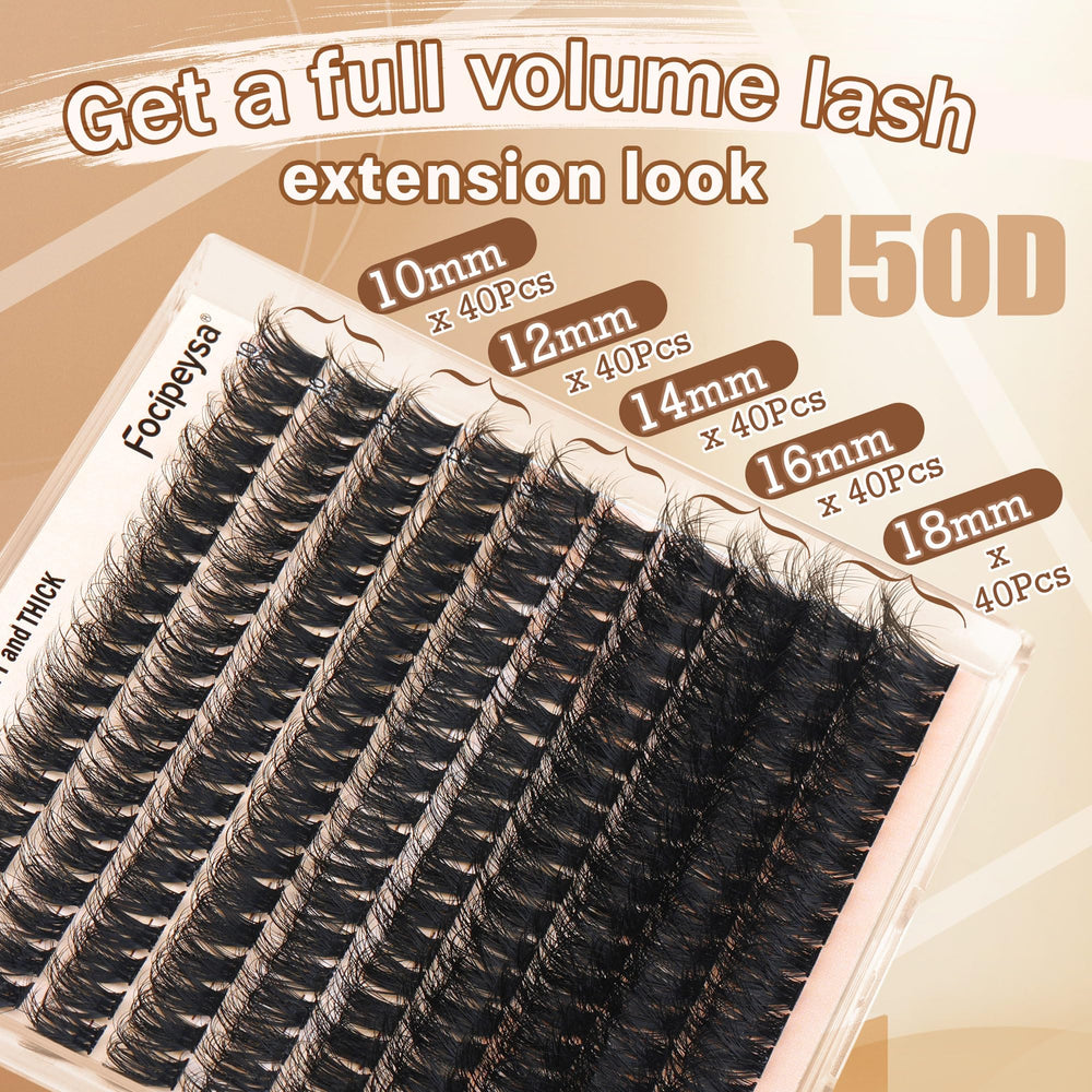 Focipeysa D-curl cluster lashes in 10-18mm range for versatile looks.