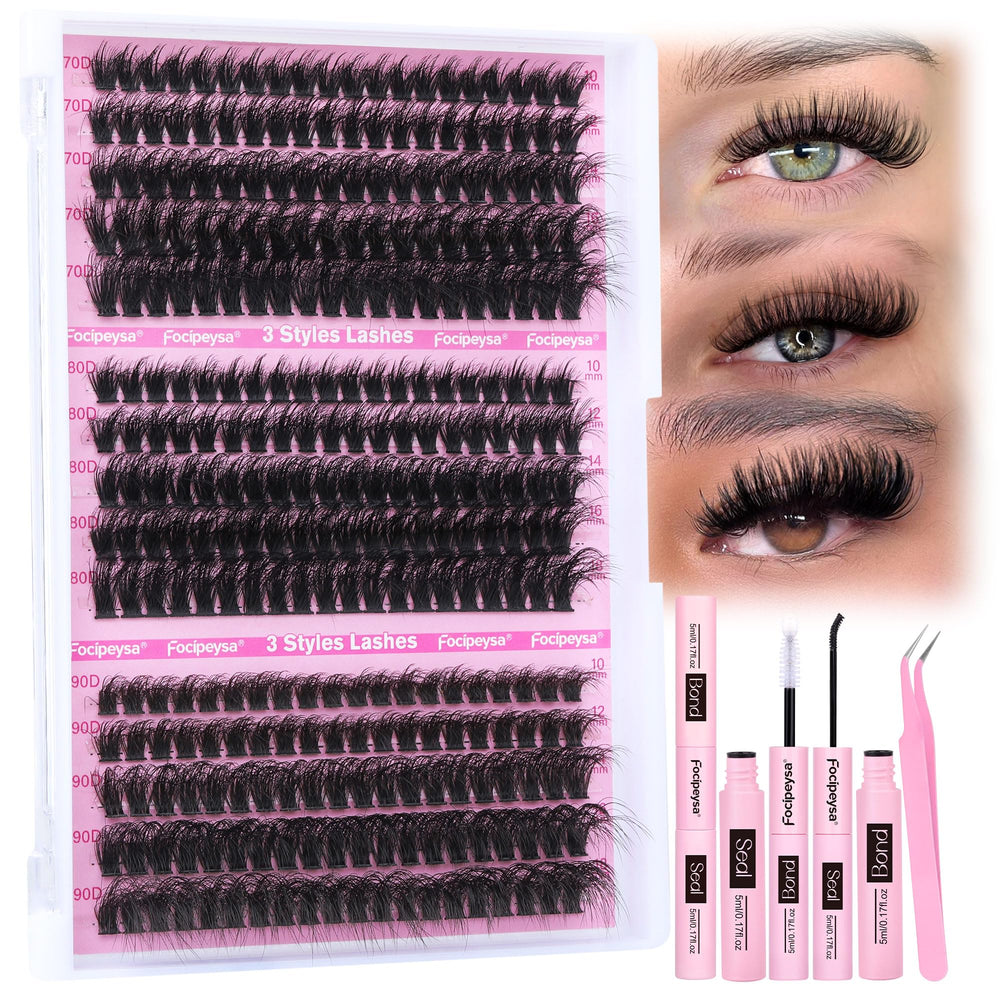 Focipeysa full volume lash kit showcases 70D-90D clusters for dramatic at-home lashes.