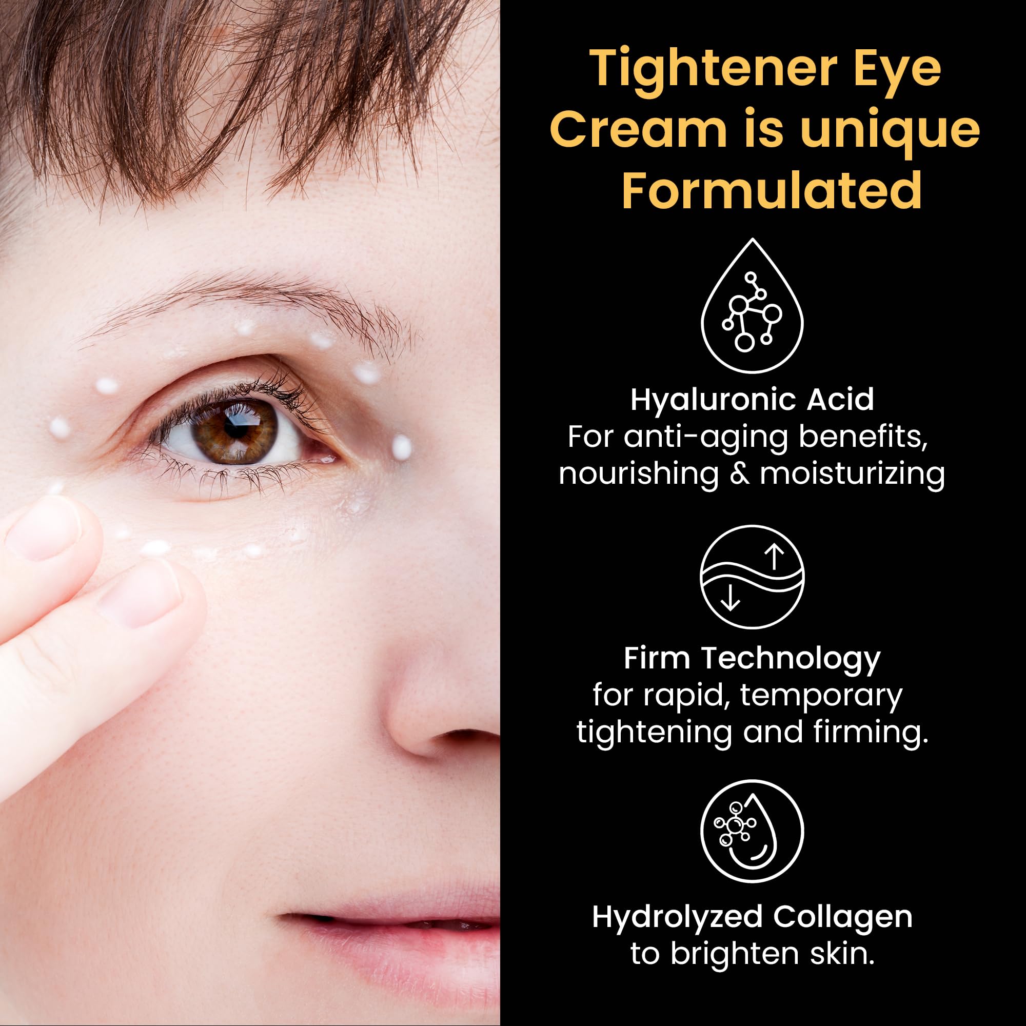 Foffreo eye tightener cream application on under-eye area for smoothing fine lines.