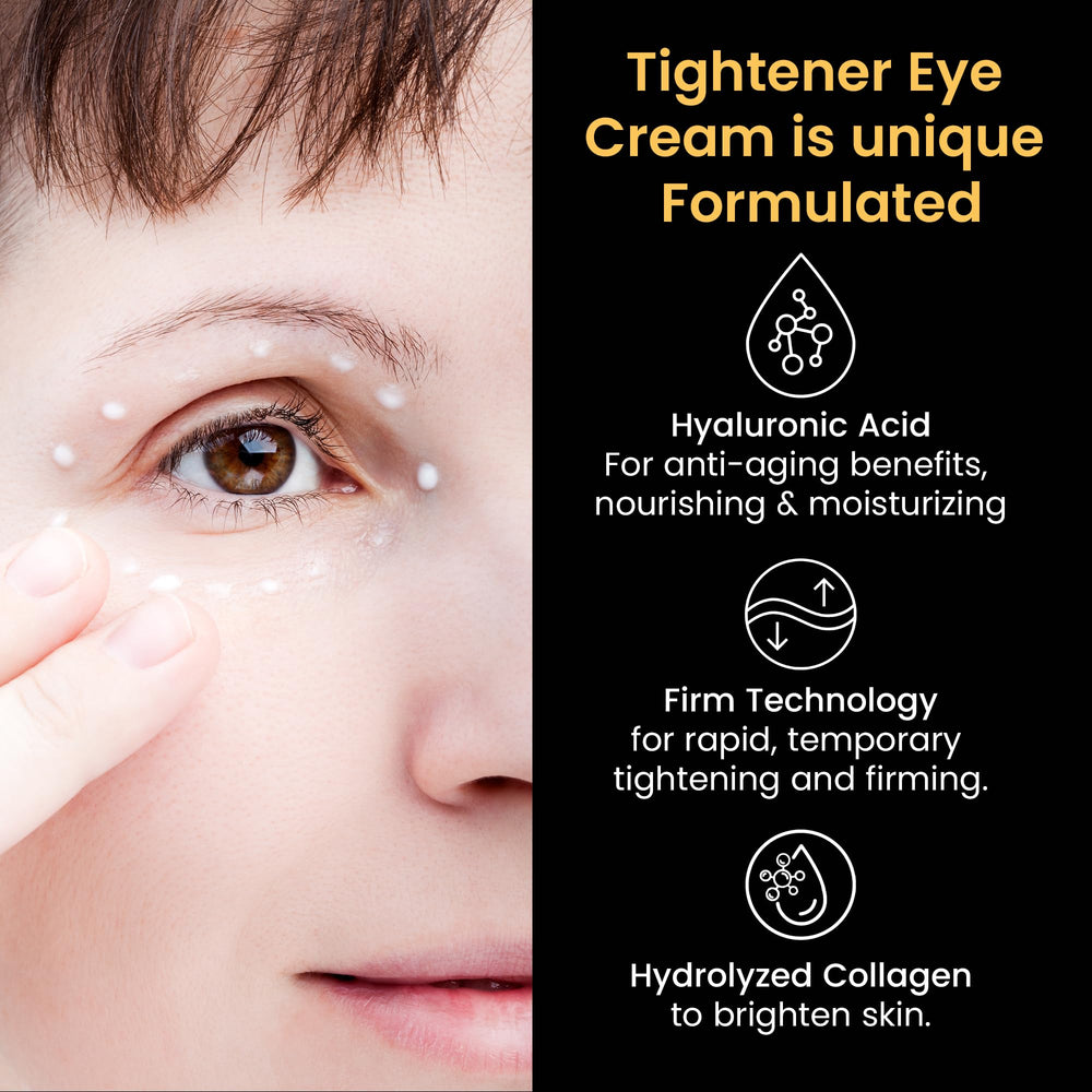 Foffreo eye tightener cream application on under-eye area for smoothing fine lines.