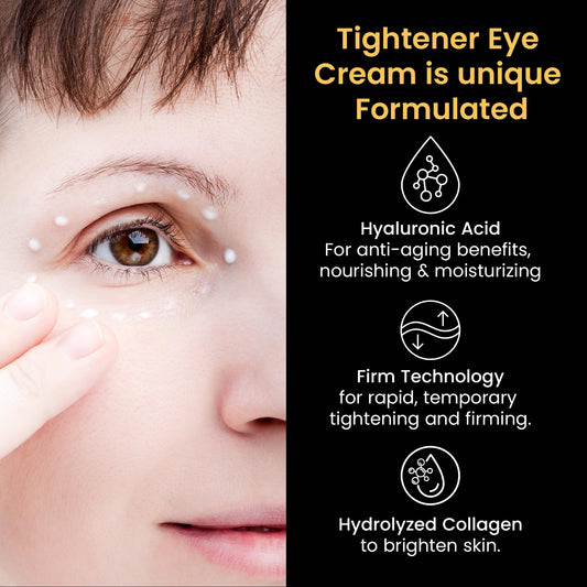 Foffreo eye tightener cream application on under-eye area for smoothing fine lines.