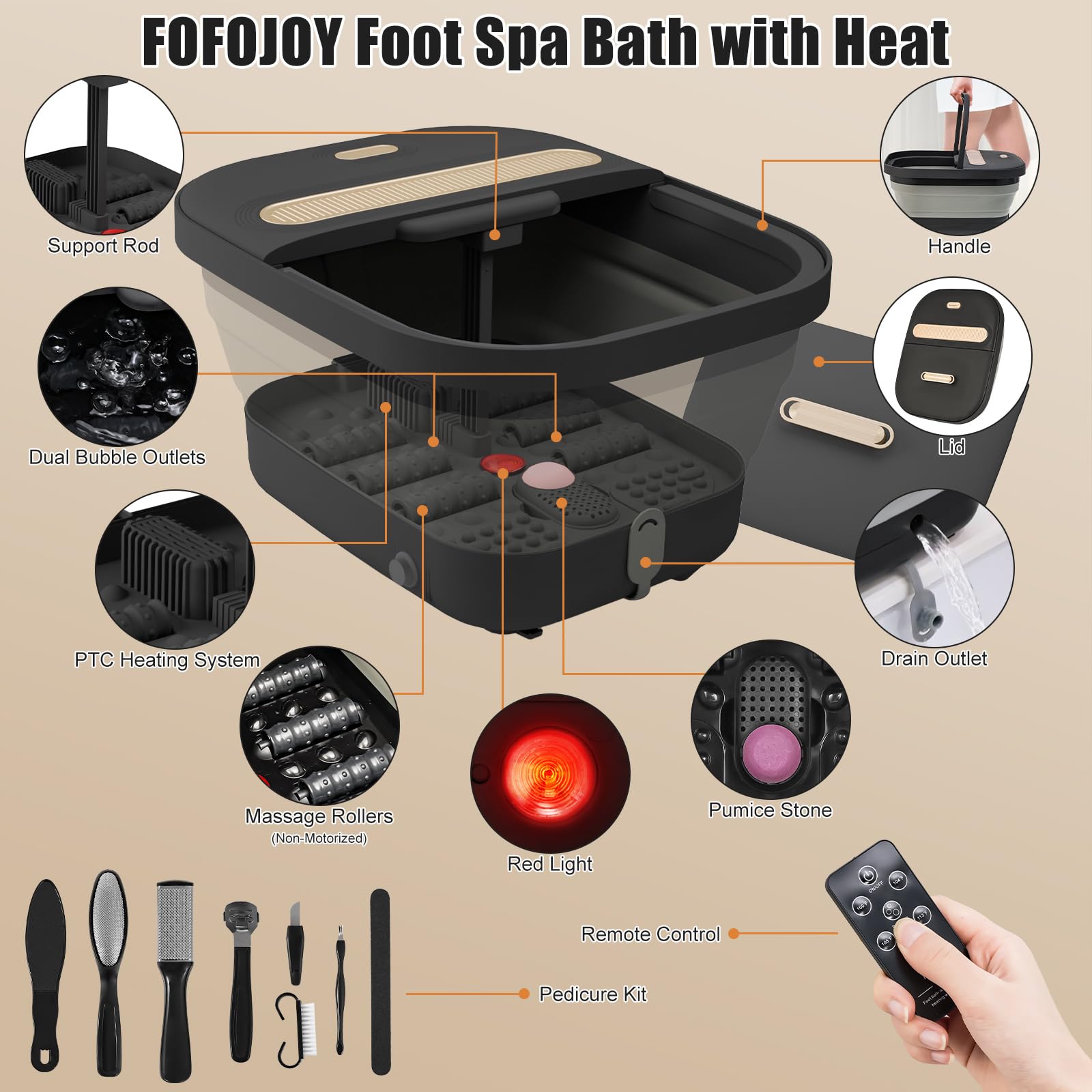 FOFOJÔY Foot Spa with heat and bubble jets delivers soothing warmth during use.