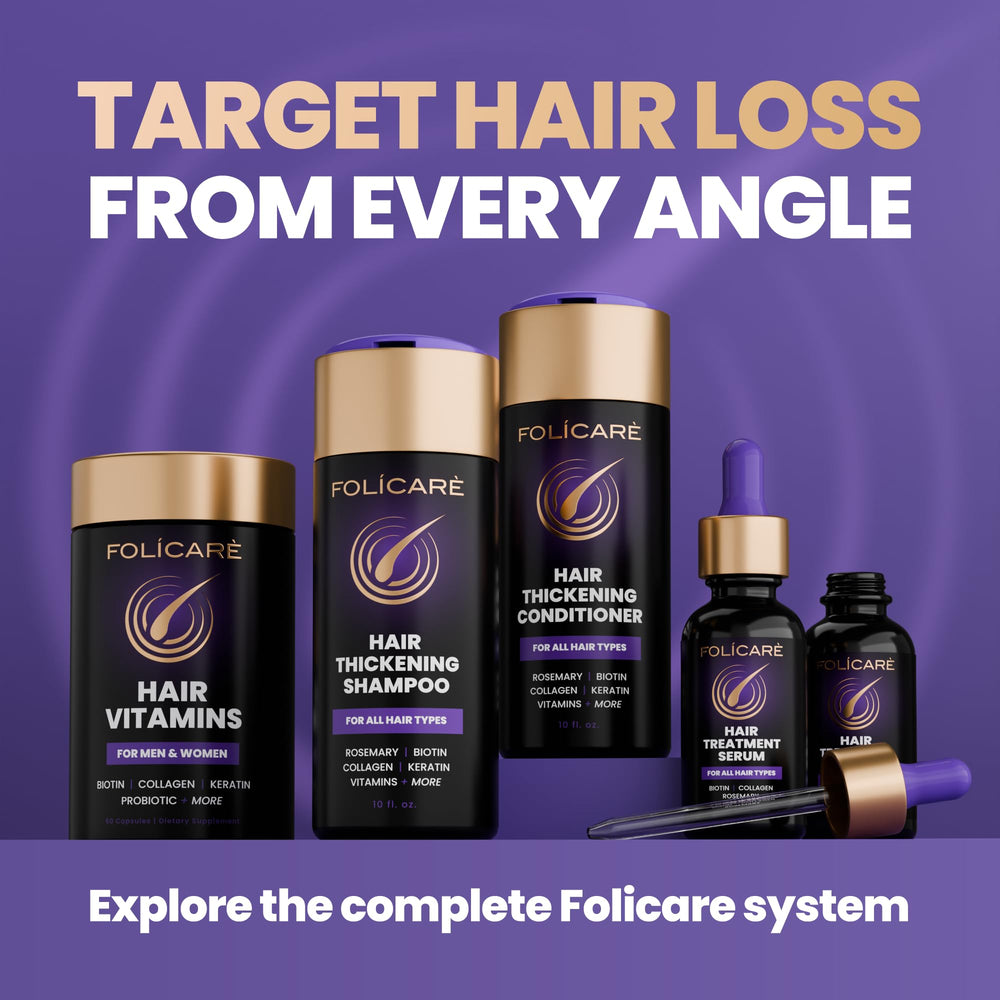 FOLICARE Before-after treatment image hints at potential hair-thickness improvements.