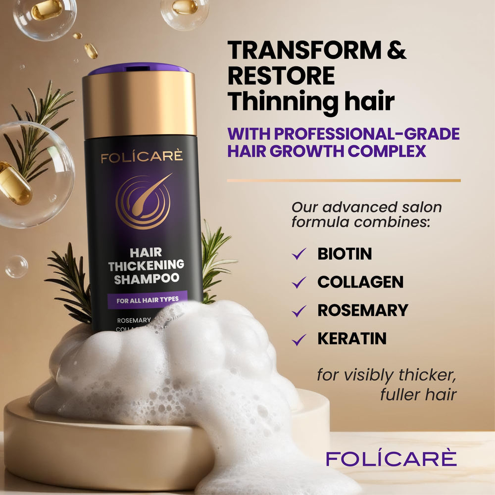 FOLICARE Thickening Hair Growth Shampoo scalp-care image suggests nourishing scalp and stronger strands.