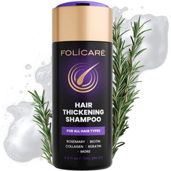 FOLICARE Thickening Hair Growth Shampoo bottle shows a formula that supports fuller-looking hair.