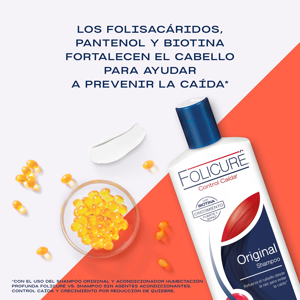 Folicure Shampoo bottle label highlights moisture and shine.